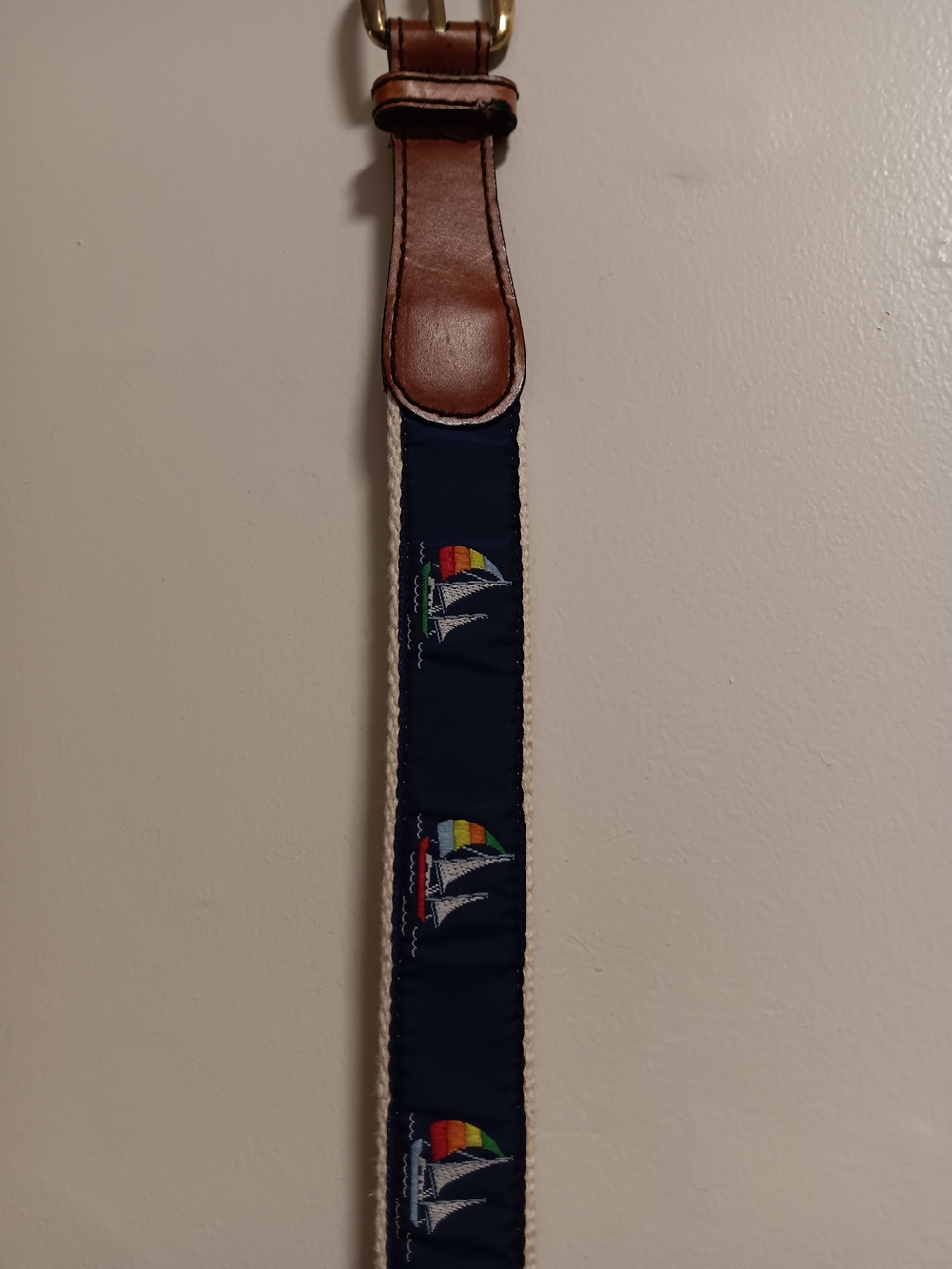 Navy Embroidered Sailboat Canvas Belt with Brown Leather Trim